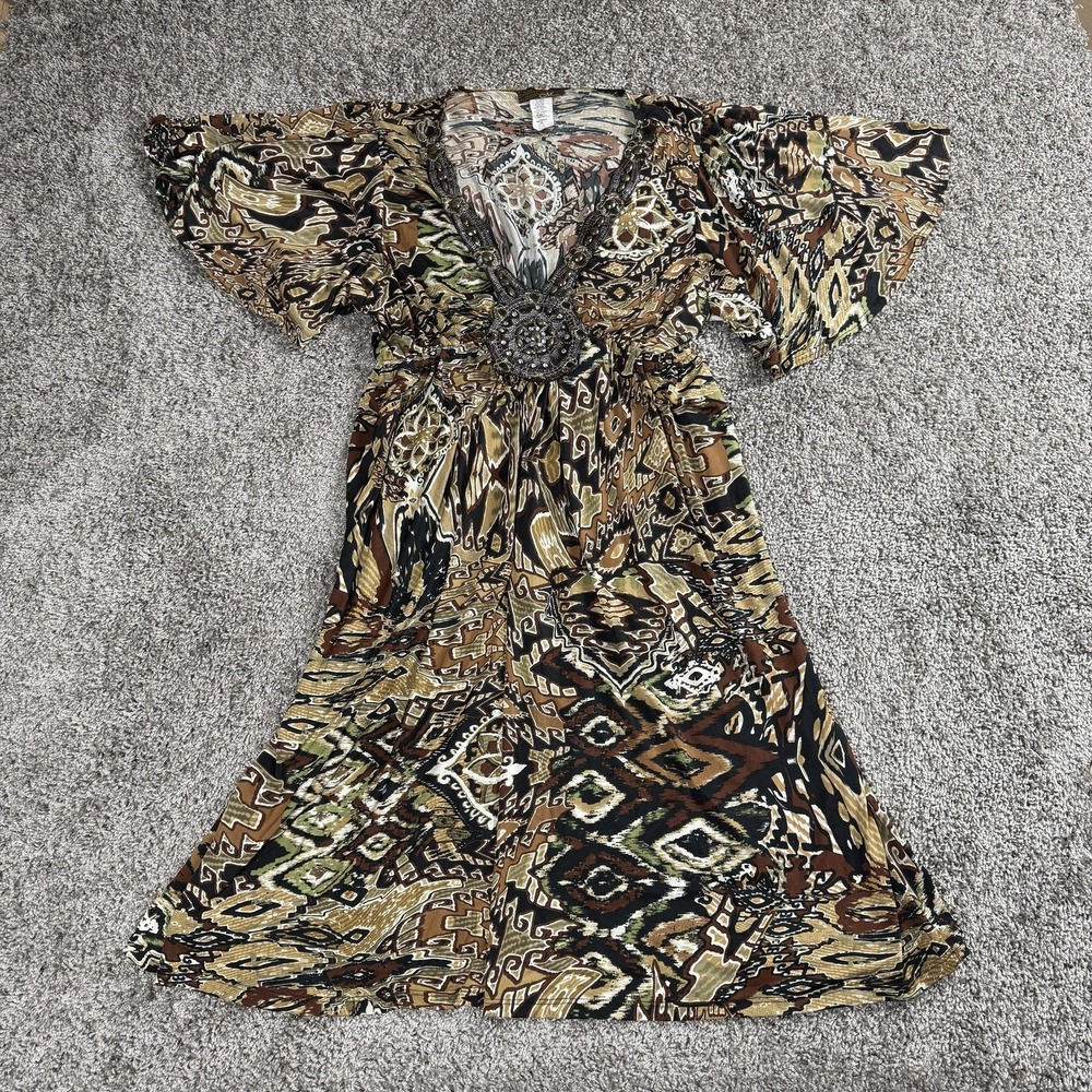 VTG Womens Dress 1X Boho Goblincore Whimsigoth Mini Tunic Beaded Flutter Sleeve